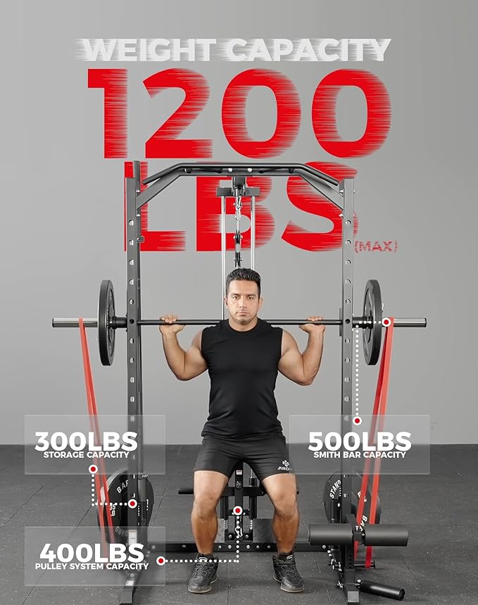 Mikolo Smith Machine Home Gym Power Cage (1:1 Ratio Strength Trainer) (Space Saving Design) (with 8 Free Attachments) Squat Rack for Full Body Training