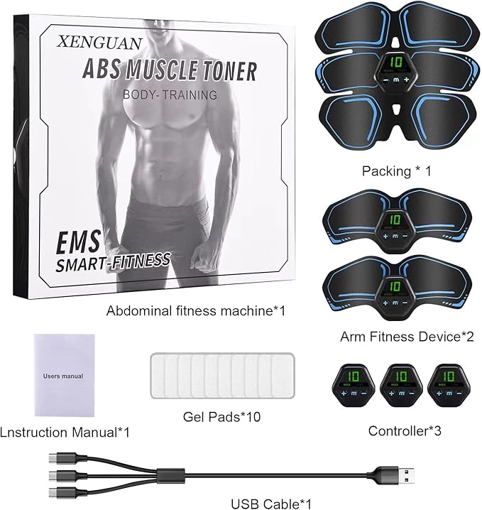Ab Muscle Toner & Trainer – EMS Muscle Fitness Device with LCD Screen – USB Rechargeable Core Workout Gear for Abs, Arms & Legs