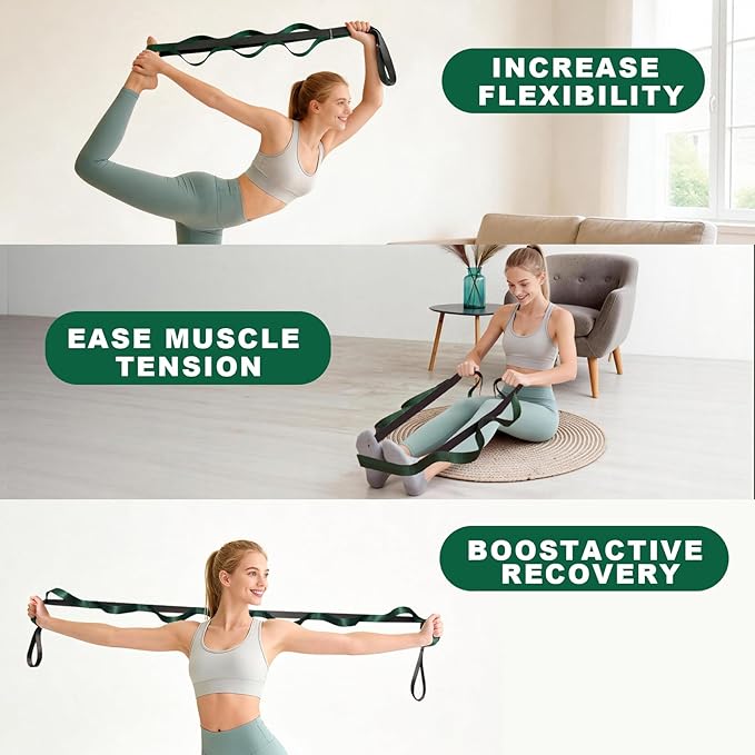 Stretching Strap with 10 Loops – Non-Elastic Yoga Strap for Physical Therapy, Knee Replacement Recovery & Plantar Fasciitis – Leg Stretcher Band for Flexibility & Hamstring Rehab