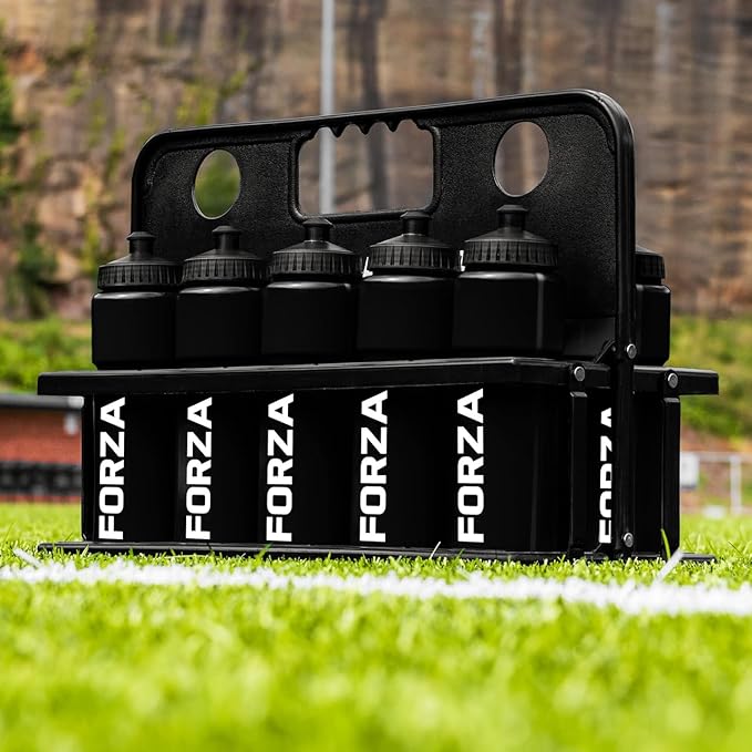 FORZA Team Sports Water Bottles | 25oz Capacity with Portable Carry Bag or Foldable Carrier - BPA-Free Plastic for Hydration on the Go (Foldable Carrier, Black)