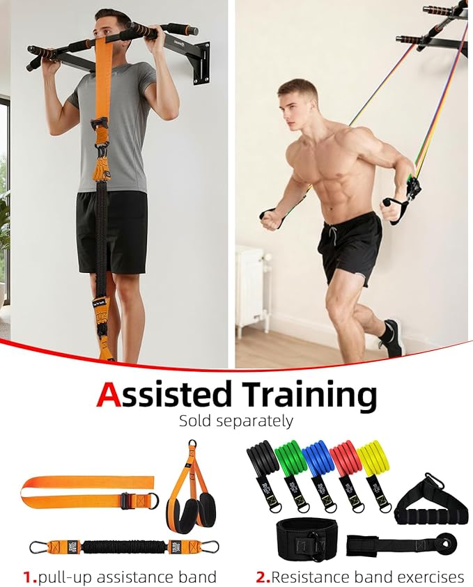 Abahub Wall Mounted Pull Up Bar, Multi-Grip Chin-Up Bar for Home Gym Workout, Drill-installed, Heavy-Duty & Stable Training Bar with 440lbs Capacity, Black-Orange