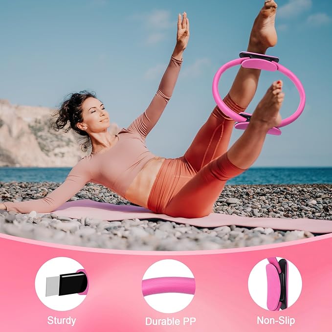 Poen 10 Pcs Pilates Ring Set Include 2.2lb *2 Dumbbells 10" Yoga Exercise Ball 12" Pilates Ring 5-40lb Resistance Bands Elastic Band and Drawstring Backpack Set for Women Home Workouts