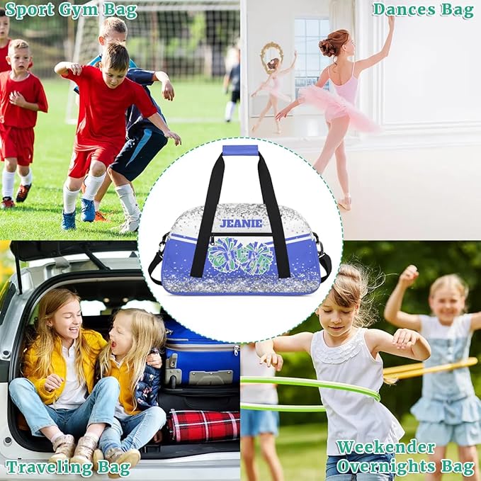 Personalized Cheer Gym Bags for Girls Kids Cheerleaders with Custom Name Sport Dance Perform Training Duffel Bags for Overnight Weekender Travel White Blue