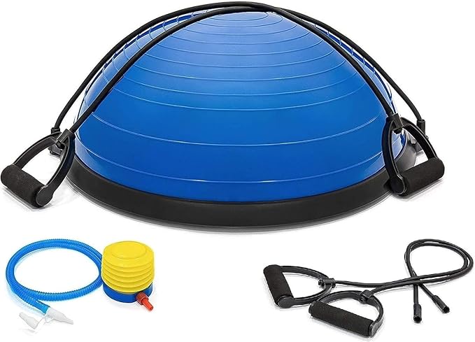 Half Exercise Ball Trainer - Balance Yoga Ball with 2 Straps, Resistance Bands & Foot Pump - Stability & Core Strength Board for Home Gym, Pilates, Fitness, Balance, Full Body Workouts