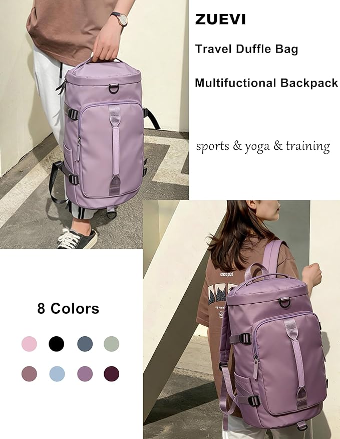 ZUEVI 3 In 1 Backpack Travel Duffle Bag for Men Women with Wet Pocket and Shoe Compartment Waterproof Gym Backpacks for Weekender Sports Training Yoga (Purple)