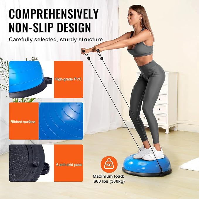 Half Exercise Ball Trainer 23 inch Balance Ball Trainer 1500lbs Capacity Stability Ball with Resistance Bands & Foot Pump, Strength Fitness Ball for Home Gym Full Body Workout