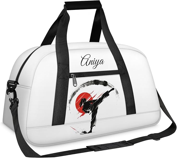 Custom Name Taekwondo Karate Duffle Bag for kids Girls - Personalized Martial Arts Gear Bag, Water-Resistant Sparring Equipment Bag, Taekwondo White