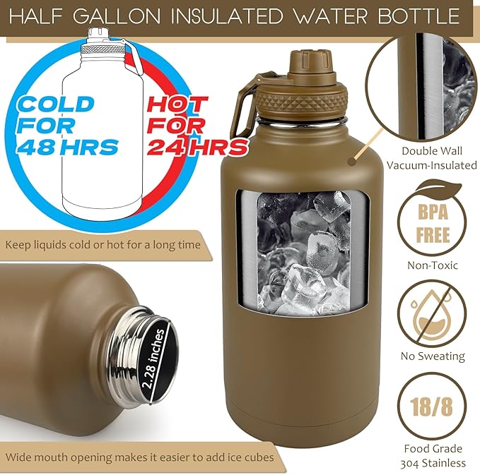 Half Gallon Water Bottle with Sleeve - 64 Oz Insulated Water Jug with Handle - Green Stainless Steel Sports Water Bottle for Gym Workout Hiking Tactical Bottle Holder with Pouch Khaki