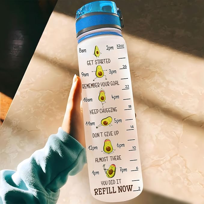 Hyturtle Personalized Avocado Water Bottle - 32oz 1Liter Motivational Water Bottle with Leak-Proof Lid Time Marker - Custom Name Gift for Avocado Lovers Women Girls - Birthday & Christmas Gift