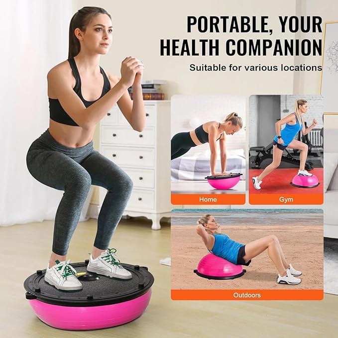 Half Exercise Ball Trainer 23 inch Balance Ball Trainer 1500lbs Capacity Stability Ball with Resistance Bands & Foot Pump, Strength Fitness Ball for Home Gym Full Body Workout