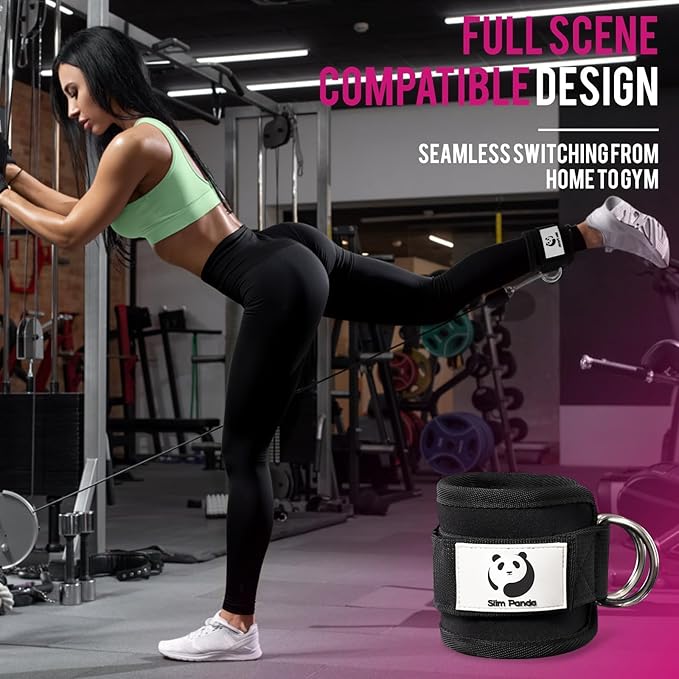 Slim Panda Ankle Strap for Cable Machine,Ankle Cuff for Kickbacks, Booty Hip Abductors,Glute Workouts, Leg Extensions, Curls for Men and Women, Adjustable with Double D-Rings