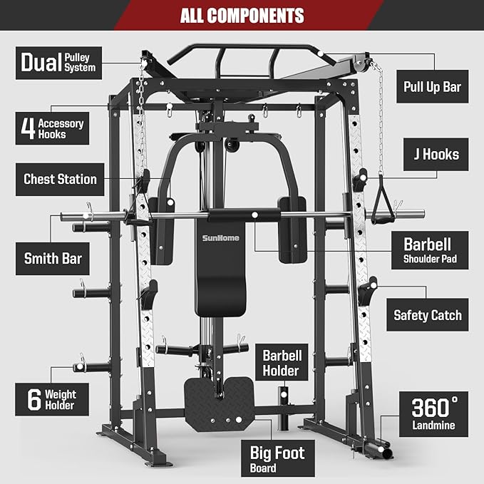 SunHome Smith Machine, Power Cage Squat Rack with Smith Bar, LAT Pull-Down Systems, Cable Crossover Machine and Cable Attachment for Home Gym