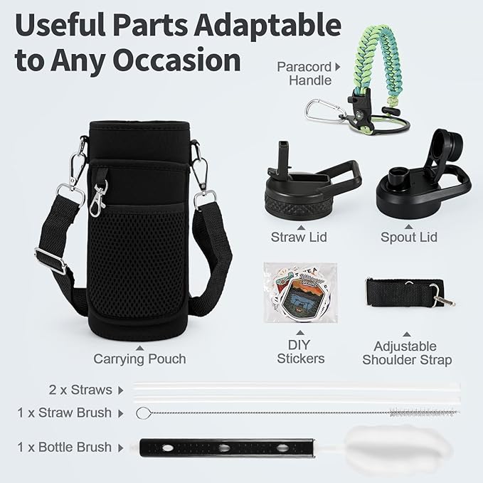 32 oz Insulated Water Bottle with Straw, Stainless Steel Triple Wall Vacuum Sports Water Jug, Leakproof Hydro Cup Flask with Paracord Handle & Straw Spout Lids & DIY Stickers