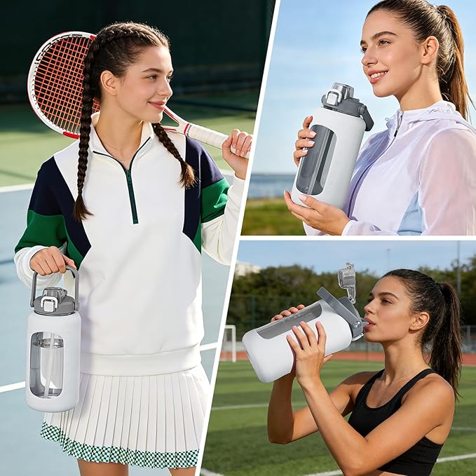 72oz Glass Water Bottle with 2-IN-1 Straw &Chug Lid, Large Motivational Glass Bottle with Capacity Marker and Silicone Sleeve, 2.1Liter Gallon Water Jug for Home, Sports, Gym, BPA Free-White