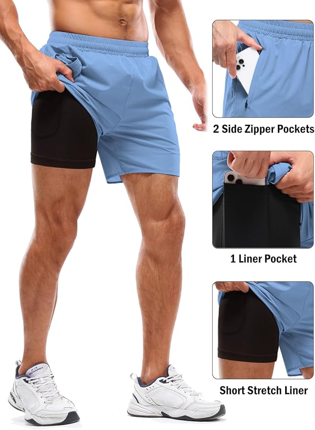 Aolesy Men's 2 in 1 Running Shorts 5" Workout Gym Athletic Shorts for Men Quick Dry Lightweight Training Shorts with Pockets