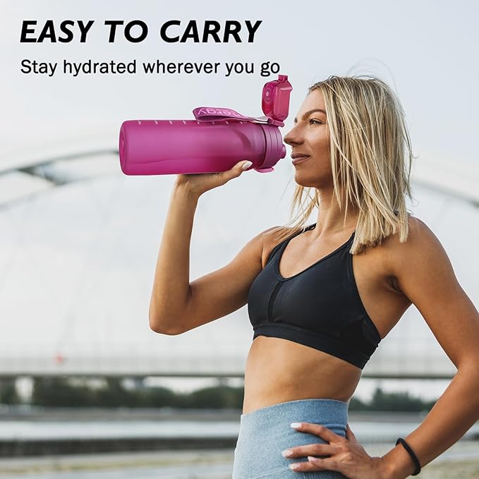 32oz Sports Water Bottle with Detachable Straw (Sip & Chug), Motivational Water Bottle with Capacity Marker, Leakproof Drinking Water Bottle with Strap for Travel Fitness Gym Outdoor (Pink)