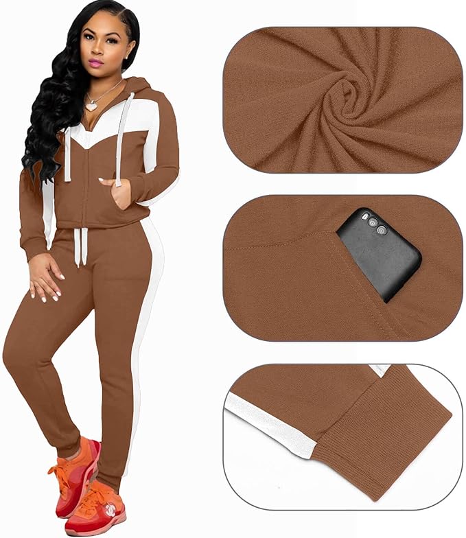 CLOCOR Track Suits for Women Set - Casual 2 Piece Outfits Sweatsuit Pocket Hoodies Long Sleeve with Patchwork Pants Set