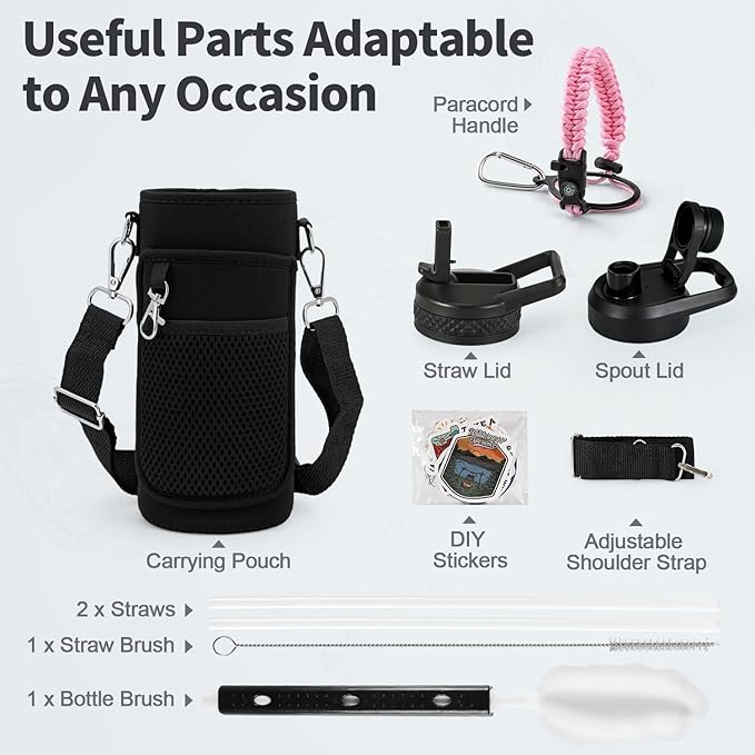 32 oz Insulated Water Bottle with Straw, Stainless Steel Triple Wall Vacuum Sports Water Jug, Leakproof Hydro Cup Flask with Paracord Handle & Straw Spout Lids & DIY Stickers