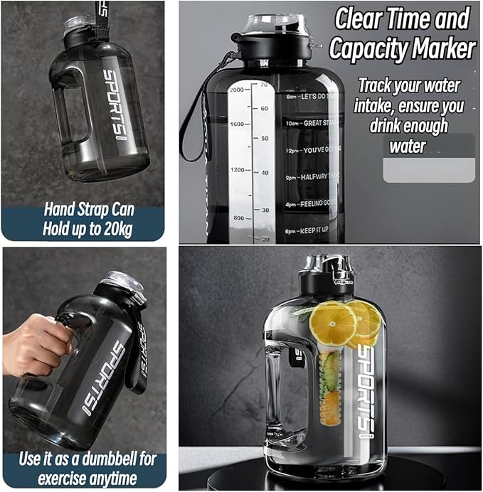 Gym Water Bottle with Straw and Time Marker (74oz-135oz) for Work, Hiking, Gym Large Capacity for Men and Women (GreenWhite(PP+4 gifts), 91oz/2700ml)