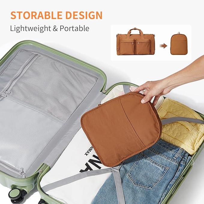 Aji Foldable Gym Bag for Women Men with Shoes Compartment, 3 in 1 Carry on Travel Duffel Bag with Trolley Sleeve, Lightweight&Water Resistant Duffel Bag for Travel, Sports, Fitness&Workout,Warm Brown