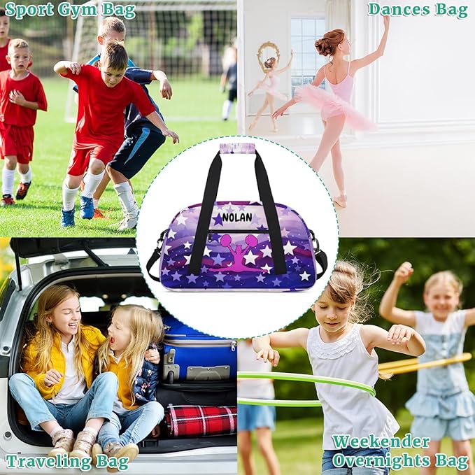 Personalized Cheerleading Bag for Girls Teens, Custom Sports Gym Bag Name Ranked Overnight Duffel Bag for Practice Gymnastics Ballet Bag, Purple Stars Cheer Girls