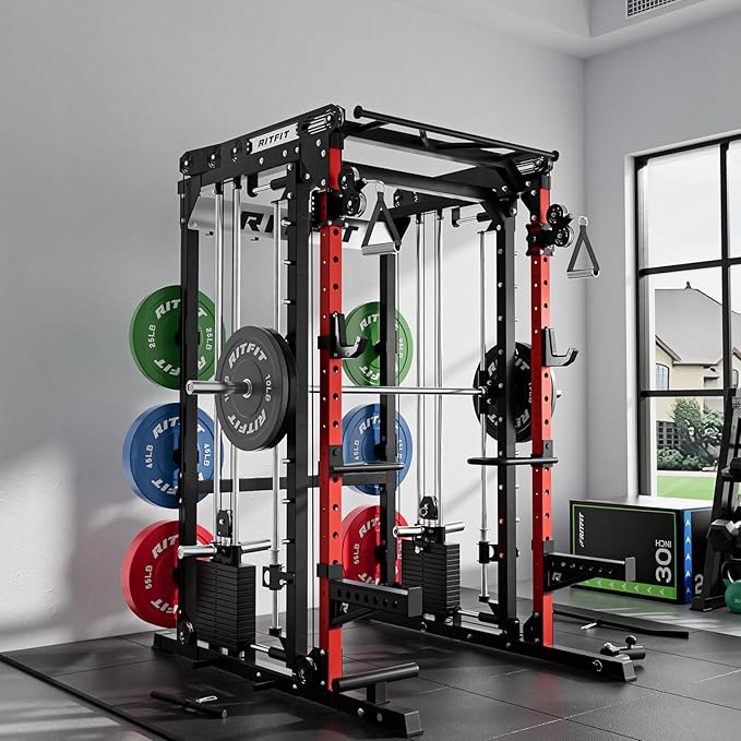 RitFit M2 Smith Machine with with Cable Crossover System, 3D Functional Trainer & Power Cage, 16 Adjustment Holes, 6 Storage Pegs for Full-Body Home Gym