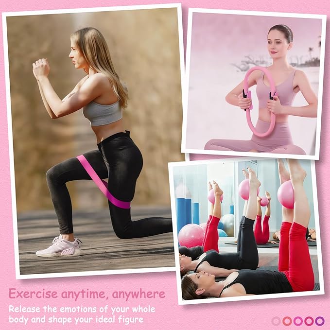 Pilates Kit for Women Pilates Equipment Ring and Ball Set Magic Circle Hoop with 5 Resistance Bands Compact Toning Fitness Essentials Starter Set Accessories with Exercise Guide
