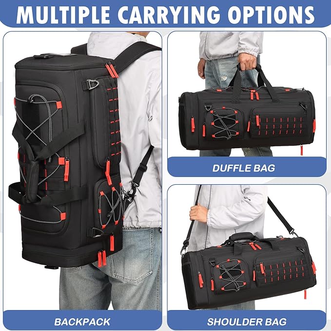 Gym Bag for Men and Women, 50L Extra Large Duffle Bag, 3-in-1 Travel Sports Duffel Bags with Shoe & Laptop Compartment for Overnight Weekender Gym Traveling Workout Deployment, Black+Red