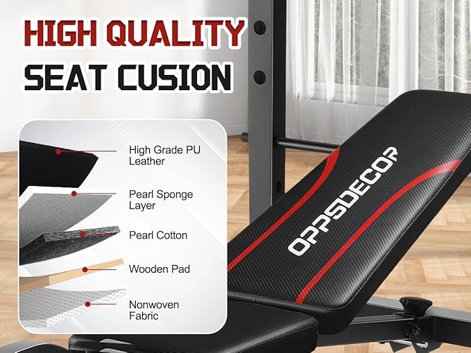 OPPSDECOR Multi-Function Weight Bench Set with Squat Rack Leg Extension & Leg Curl Adjustable Workout Bench for Full Body Fitness Foldable Flat/Incline/Decline Upgrade Bench Press for Home Gym