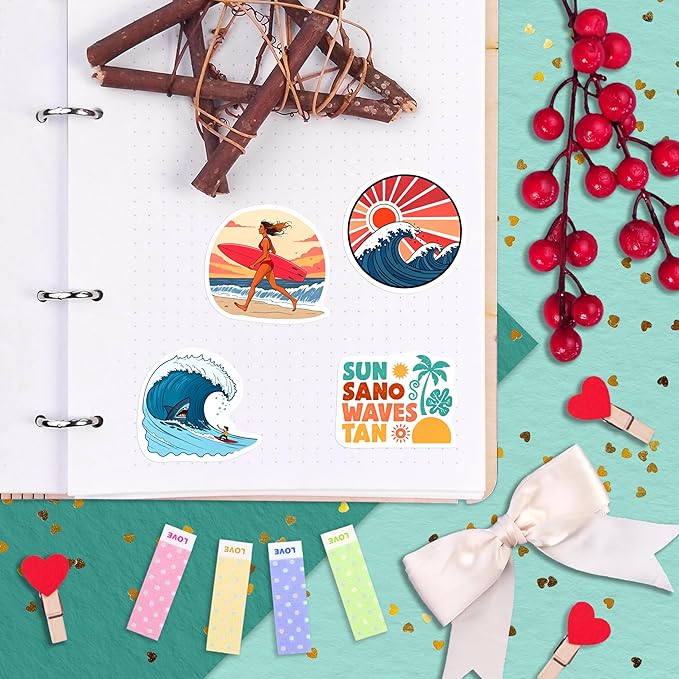 100Pcs Surf & Wave Stickers for Laptop, for Water Bottles, Surfing Stickers - Surfing Gifts for Surfers - Surf Party Supplies & Decoretions - Gift for Women & Men