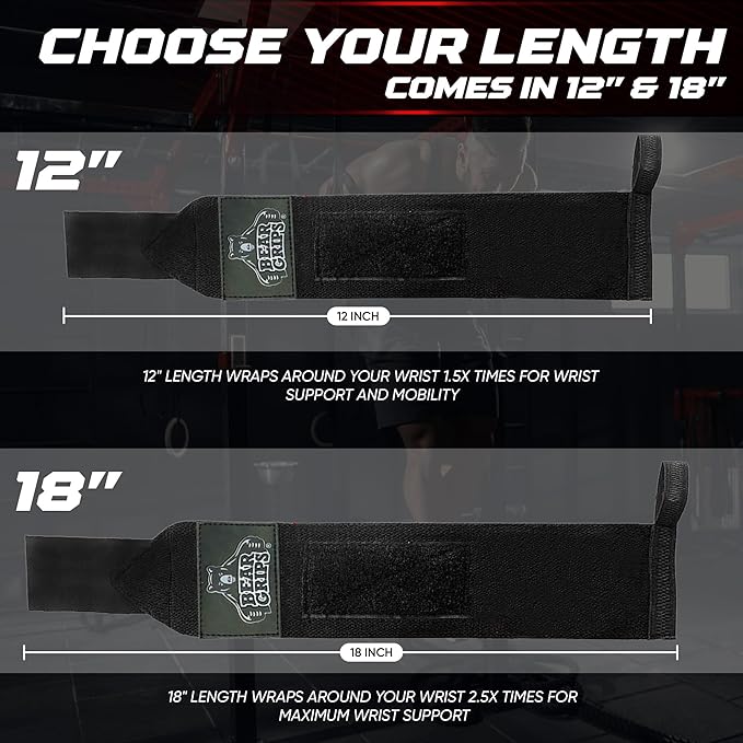Bear Grips Wrist Wraps for Weightlifting | Weight Lifting Wrist Straps for Weightlifting | Extra Strength Gym Wrist Wraps | Two Wrist Wrap Per Pack | 12β & 18β | Lifting Wrist Wraps for Men & Women