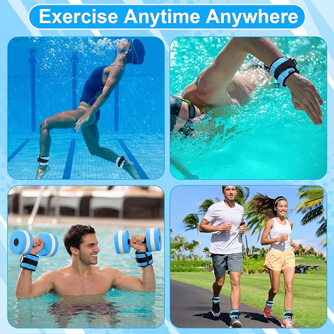 Water Aerobics Set, 4 Piece Pool Exercise Kit (2 Aqua Dumbbells + 2 Ankle/wrist Weights), EVA Foam, Low-impact Workout