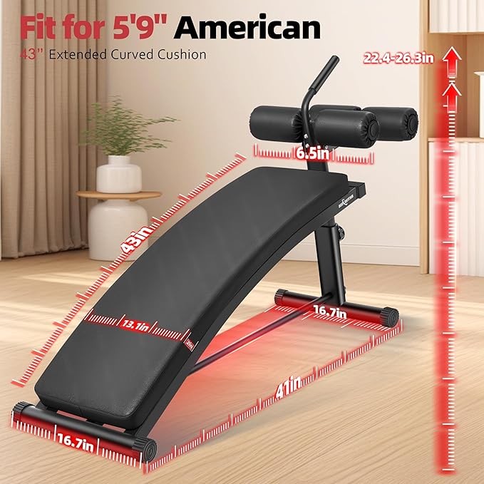 BODY RHYTHM Sit Up Bench with 4 Adjustable Heights and Reverse Crunch Handle, Curved Ab Workout Bench for Home Gym, Adjustable Weight Bench for Core Workouts and Decline Bench Press, Suitable for Individuals Up to 5.9ft Tall.