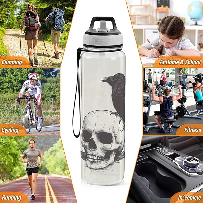 Fustylead Retro Skull and Black Crow 32 oz Water Bottle with Straw, Leakproof Clear Sport Bottles for Women Men Outdoor Sport Drinking