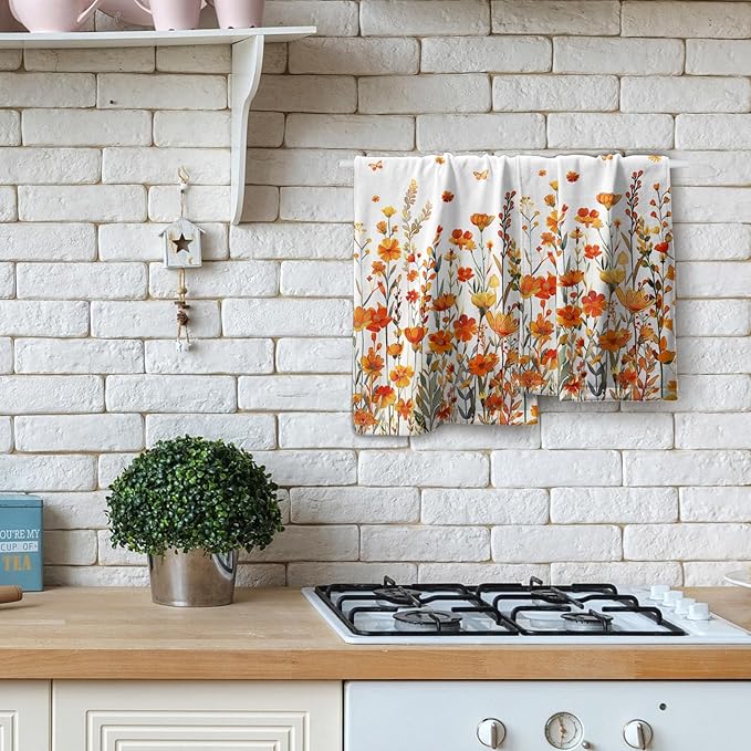 Watercolor Orange Daisy Hand Towels Fall Yellow Wildflowers Leaves Plant Bathroom Towel Autumn Floral Botanical Decorative Fingertip Season Thanksgiving Soft Absorbent Kitchen Hotel Spa Gym Towel