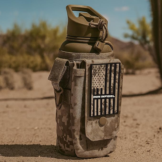 Iron Infidel Battle Bottle - 32 Oz Insulated Water Bottle with Straw Lid & Chug Cap, Stainless Steel Metal Tactical Flask With Rugged, Removable Sleeve for Keys & Phone or Wallet (MARPAT 1 Liter)