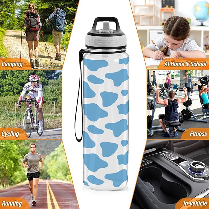 Fustylead Blue Cow Print Tritan Water Bottle with Straw and Lids, 32 oz Reusable BPA Free Sport Water Bottle for Gym Camping Hiking Travel