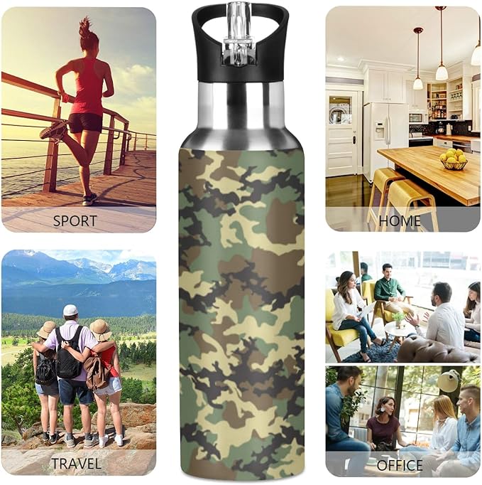 Military Print Camo Water Bottle Vacuum Insulated Stainless Steel Mug Kids Water Bottle with Straw and Handle Keep Hot Cold Sport Bike Fit Travel Outdoor 20 oz