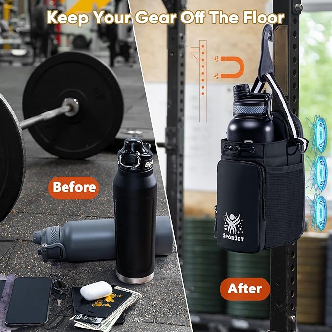 Magnetic Gym Bag for Water Bottle – Fits Up to 46oz, Sling Water Bottle Holder with Strap & Phone Pocket, Magnetic Workout Bag for Gym, Fitness, Outdoor, Men & Women