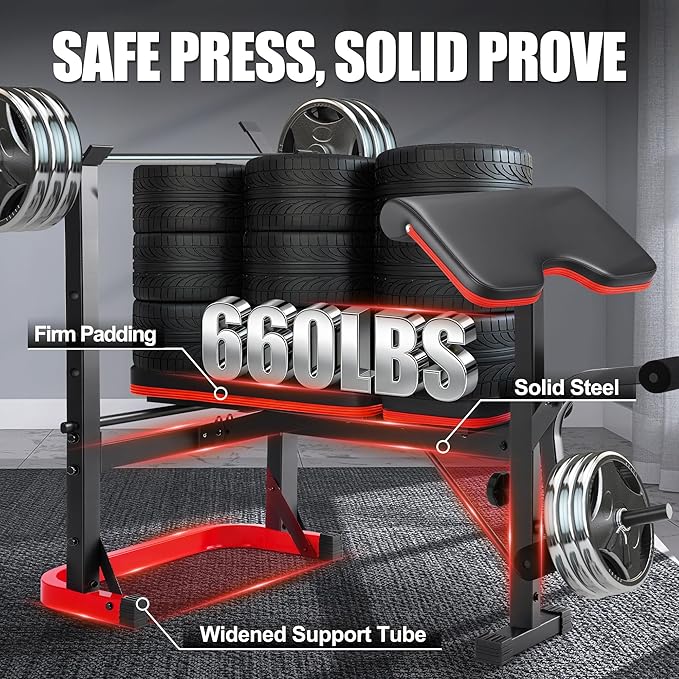 OPPSDECOR Foldable Weight Bench Set with Preacher Curl Pad and Squat Rack, 660LBS Adjustable Bench Press with Leg Extension and Leg Curl, Incline Decline Home Gym Bench for Women Teens Full Body Strength Training