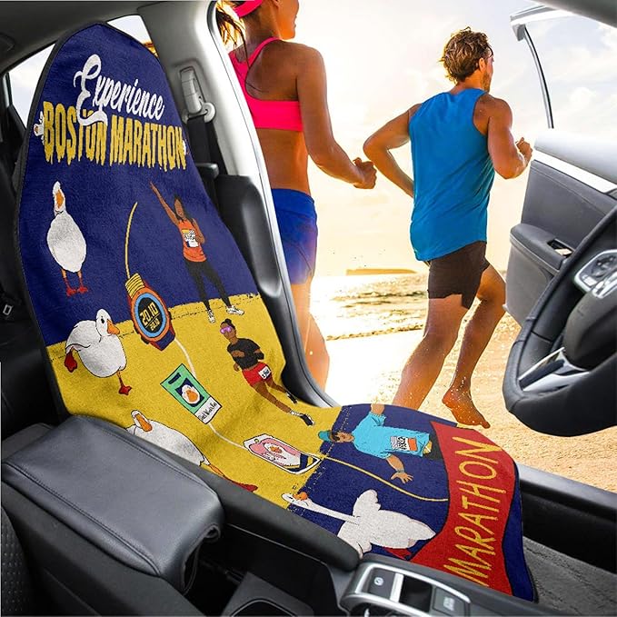 Marathon Running Duck Car Seat Covers (2-Piece Set) - Hand-Painted Race Day Design, Universal Fit for Most Sedans & SUVs, Sweat-Wicking & Quick-Dry Seat Protectors with Absorbent Towel Base