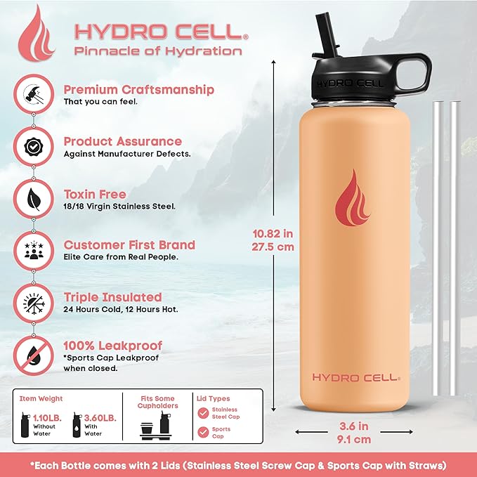 HYDRO CELL Stainless Steel Insulated Water Bottle with Straw - For Cold & Hot Drinks - Metal Vacuum Flask with Screw Cap and Modern Leakproof Sport Thermos for Adults (Peach 40oz)