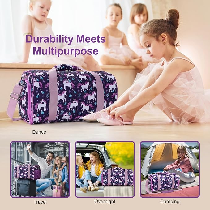 Bagseri Dance Bag for Girls - Kids Duffle with Shoe Compartment, Gymnastics Tote for Sleepover Travel with Water Resistant Wet Pocket (Deep Purple Unicorn)