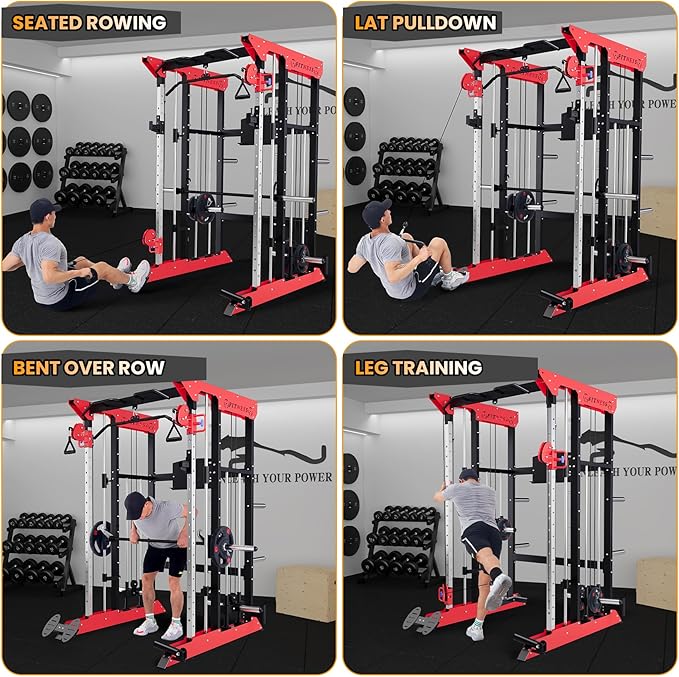 Power Cage SmithMachine - 3600 LBS Light Commercial Grade Squat Rack with Cable Crossover, All-in-One Power Rack with Weight Rack for Home Gym Equipment