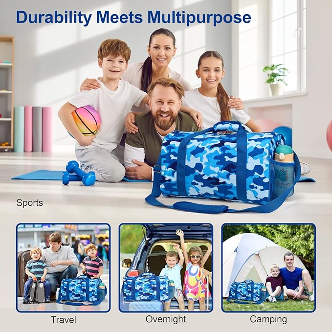 Bagseri Boys Duffle Bag for Travel - Kids Gym & Sports Bag with Shoe Compartment & Water Resistant Wet Pocket, Weekender for Camping & Sleepover (Blue Camo)