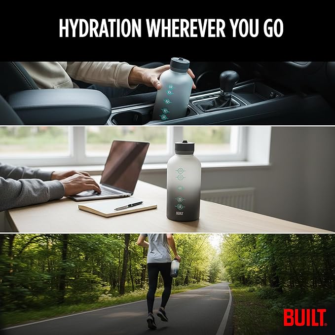 Built 74 Oz Tritan Motivational Bottle with Straw (Gray) - BPA-Free & Leakproof with Wide Mouth, Carry Handle Lid, Dishwasher Safe - Hydration Tracker for Gym, Fitness, Healthy Lifestyle