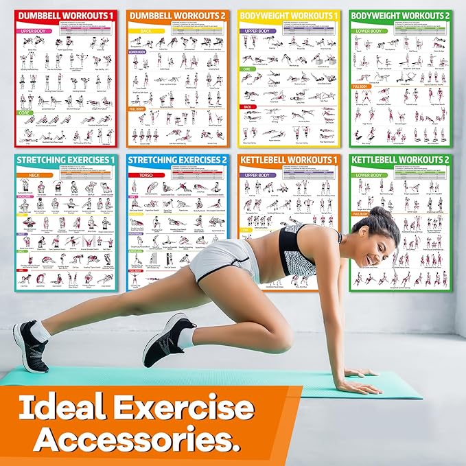 gisgfim 8PCS Workout Posters for Home Gym Dumbbells, Bodyweight, Stretching, Kettlebell Exercise Chart Full Body Fitness Workout Poster Set Muscle Engagement Chart Garage DecorGym Accessories