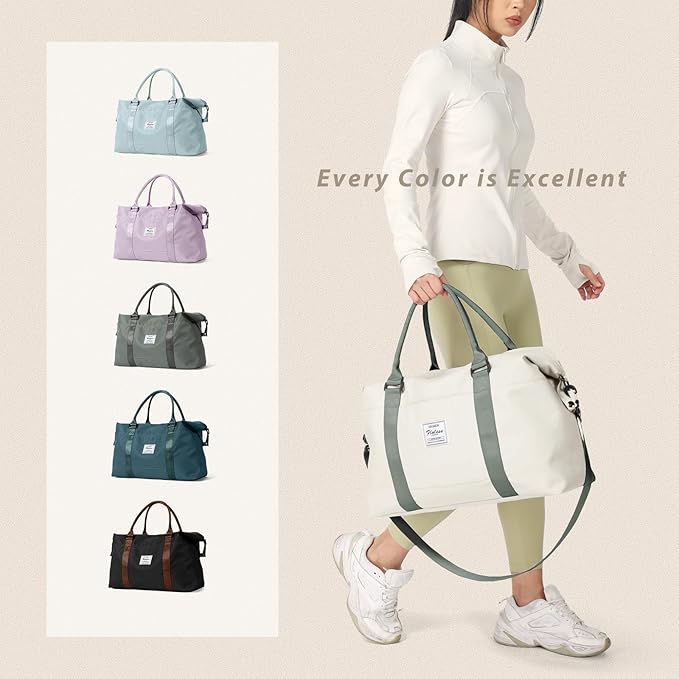 WISEPACK Travel Duffel Bags for Women & Men - Waterproof Weekender, Carry-On, Sports & Gym Bag with Wet Pocket, Overnight & Workout Duffel with Trolley Sleeve - Beige with Green