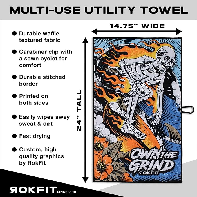 RokFit Gym & Golf Towel – Multi-Use, Quick-Dry, Durable Utility Towel with Bold Graphic and Carabiner Clip (Own The Grind)