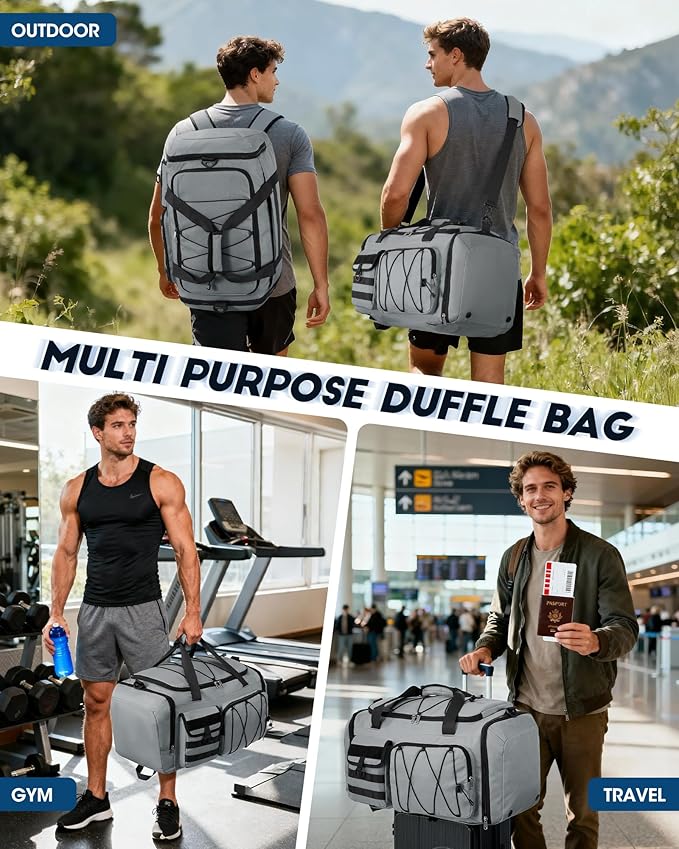 SDYSM Gym Bag for Men 45L Sports Duffel Bags 3-in-1 Travel Duffel Bag with Shoe Compartment, Gym Workout Backpack Carry On Weekender Bag Overnight Bag for Travel, Grey